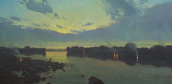 Campfires and Fishing Rods 12 x 24 ©Michael Albrechtsen Campfires along a river, oil, by Michael Albrechtsen