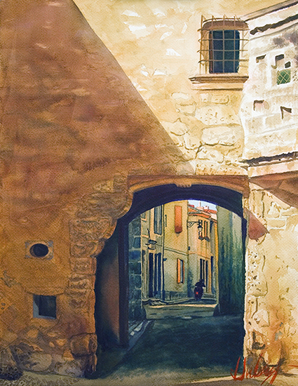 watercolor, The Old Gate, Arles by © John Hulsey