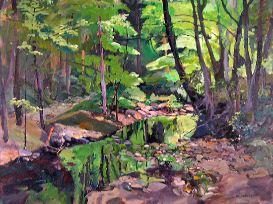 arylic painting of forest and creek, by Annie Helmricks Louder