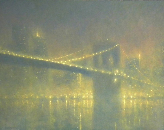 Foggy Evening, Brooklyn Bridge, 22 x 28", Oil, © Michael Budden