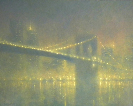 Foggy Evening, Brooklyn Bridge, 22 x 28", Oil, © Michael Budden