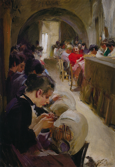 oil painting of lace makers at work, 1894, by Anders Zorn.