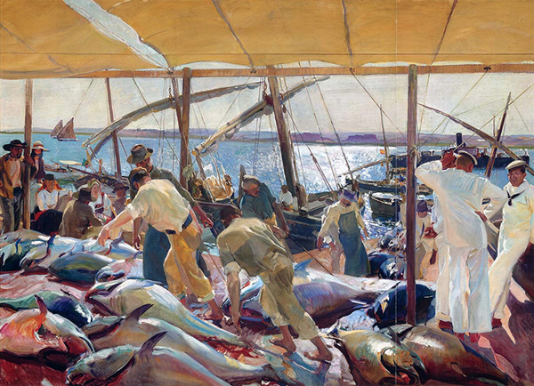oil painting of fishermen unloading tuns, 1919, by Joaquin Sorolla