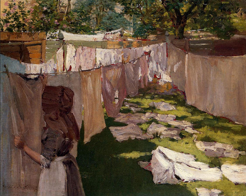 oil painting of woman hanging out laundry in a backyard, 1886, Wm. Merritt Chase