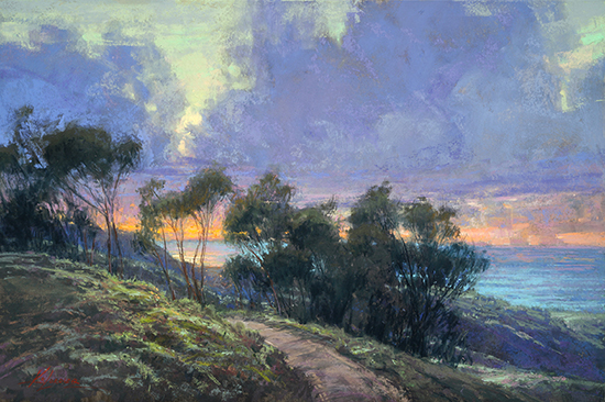 Pastel painting of tree and ocean sunset © Kim Lordier