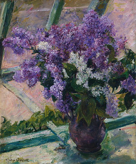 oil painting of Lilacs in a window, by Mary Cassatt