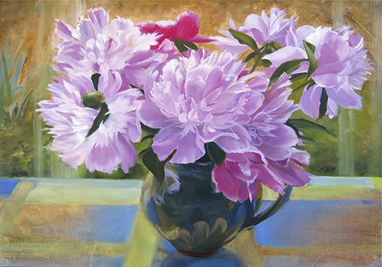 oil painting of peonies in Provencal vase by Ann Trusty