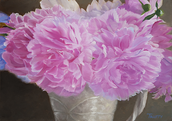 oil painting of peonies in a vase, by Ann Trusty