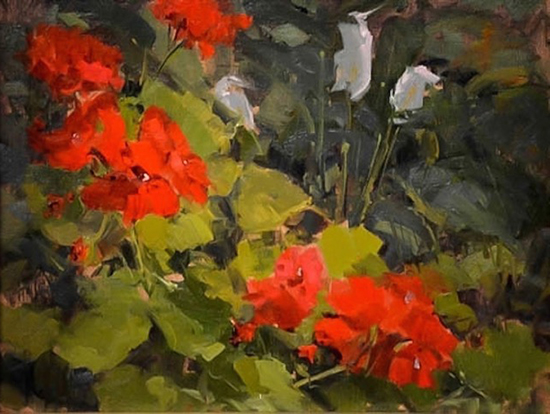 Oil Painting of Geraniums and Peace Lily © Kaye Franklin