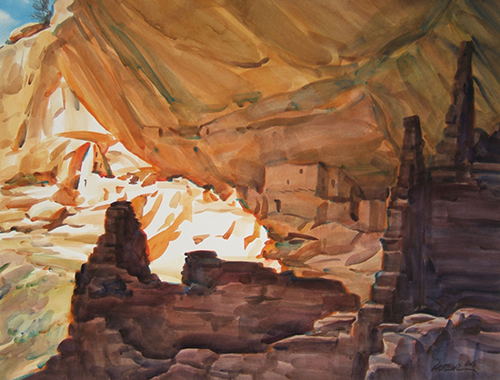 Long House Sunlight, watercolor, 28 x 36", © Gerald Fritzler watercolor painting of ruins in Canyon de Chelly, by Gerald Fritzler