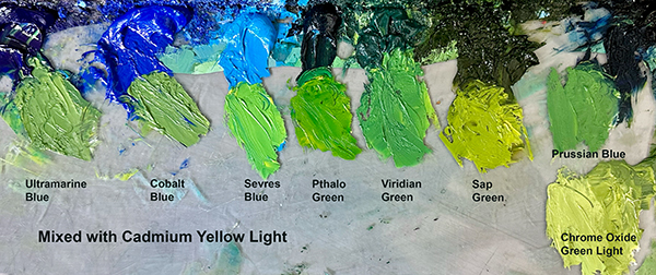 Photo of Palette with Cadmium Yellow Light Green Mixes JM Hulsey