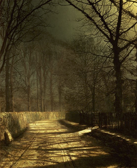 A Moonlit Lane with Two Lovers by a Gate, John Atkinson Grimshaw