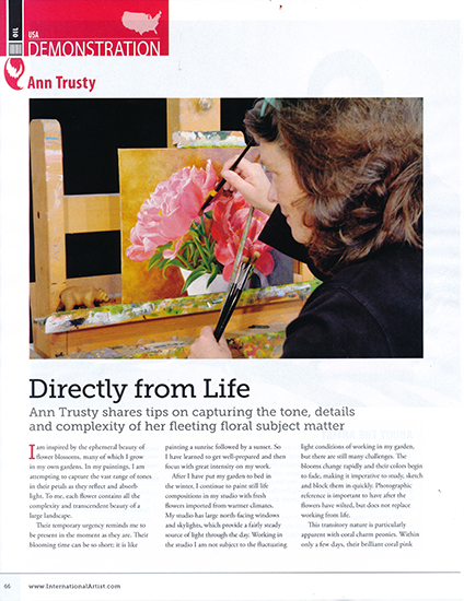 magazine page of Ann Trusty painting peonies at her easel