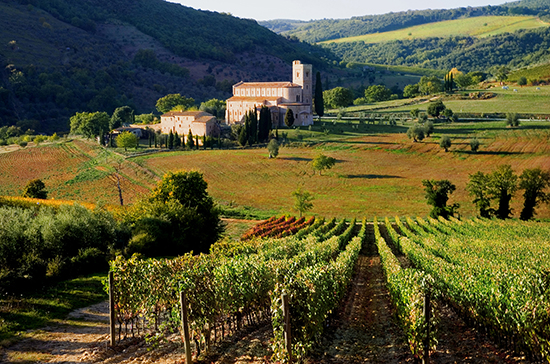 photo of Sant'Antimo abbey, Tuscany, Italy. © J. Hulsey watercolor painting workshops.