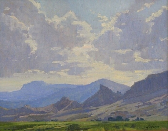 oil painting of mountains and clouds in Wyoming.
