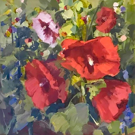 Hollyhocks, 10 x 10", Acrylic, © Kaye Franklin