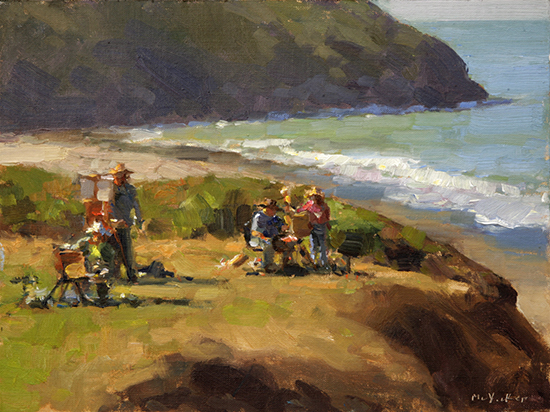 Oil painting of artists painting on bluff above ocean by Jim McVicker
