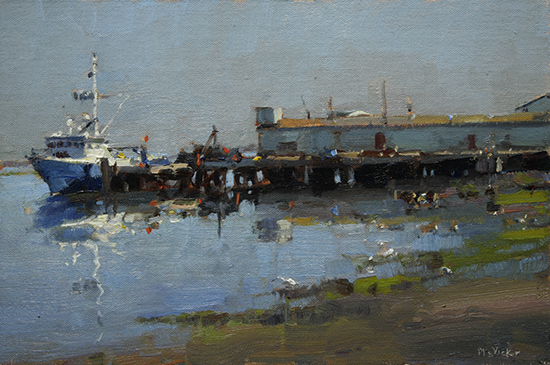 Oil Painting of boats and dock by Jim Mc Vicker