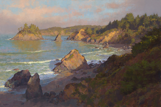Oil painting of ocean beach at sunrise by Jim McVicker