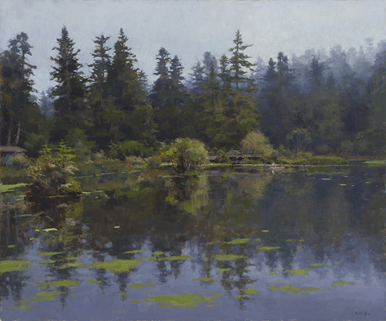 oil painting of foggy pond