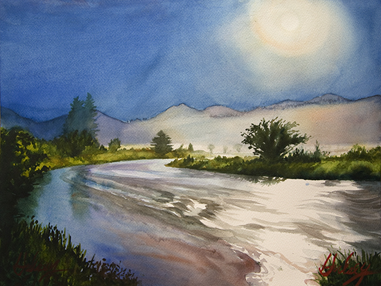 watercolor painting, Full Moon, Moraine Park, © John Hulsey