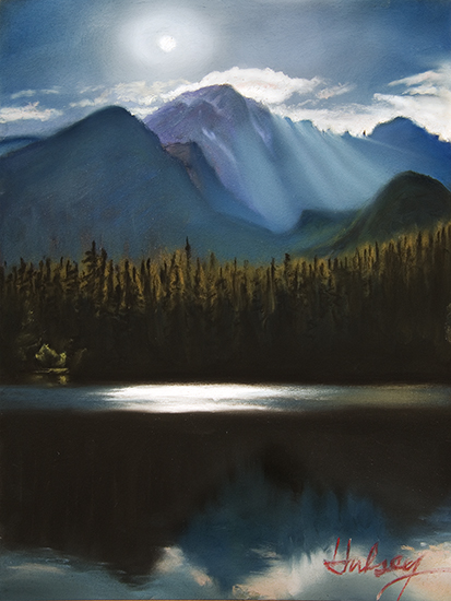 Plein air pastel painting of moonlight on Bear Lake, Rocky Mountain National Park, Colorado, by John Hulsey