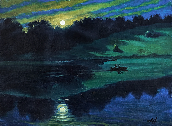 Night Painting on the Pond, 9 x 12", Oil, © JM Hulsey