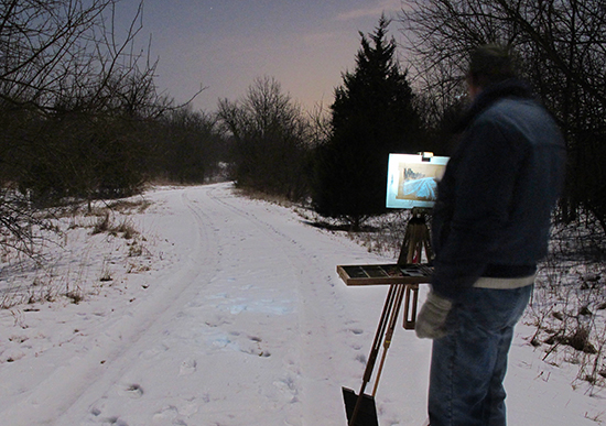 Photo of John Hulsey painting plein air pastel at night, by Ann Trusty