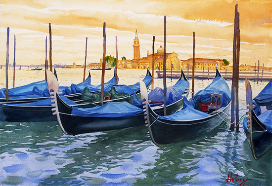 watercolor painting of gondolas on the Grand Canal in Venice, by John Hulsey