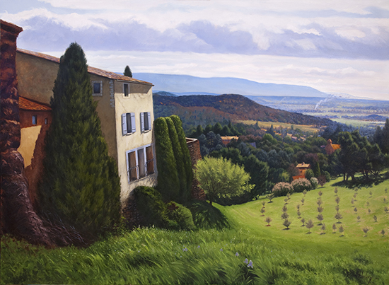 Oil painting, Early Spring, Roussillon, 54 x 72 inches, © John Hulsey