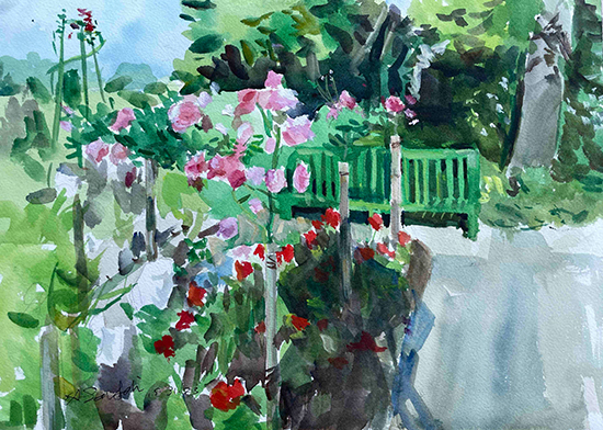 Morning Scene, The Clos Normand, 10 x 14", Watercolor, 2023, © Eric Santoli