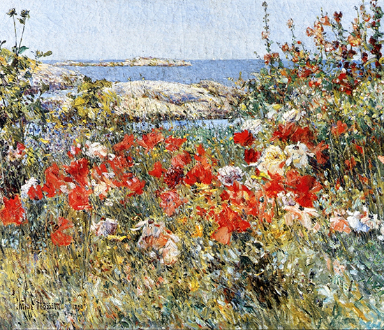Oil painting of Maine garden by Childe Hassam
