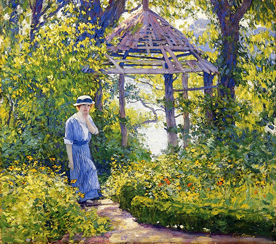 oil painting of woman in New England Garden by Guy Rose