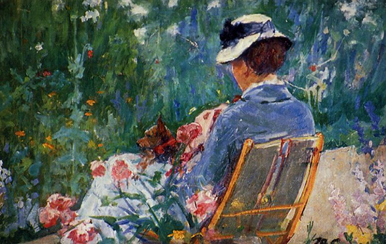 oil painting of woman sitting in a garden by Mary Cassat