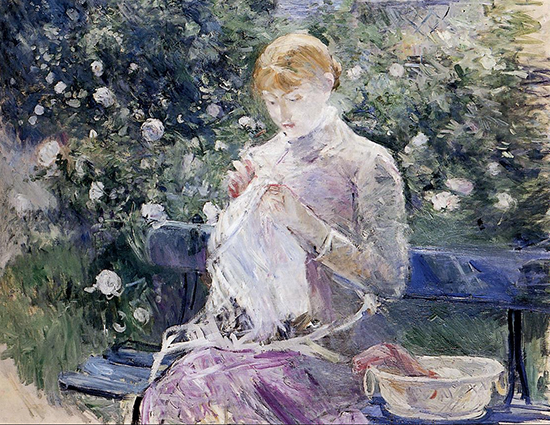 oil paintng of woman sewing in a garden by Berthe Morisot
