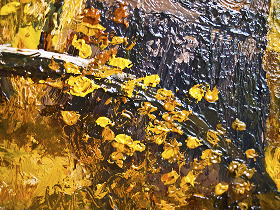 painting with palette knives in oil on panel, detail.