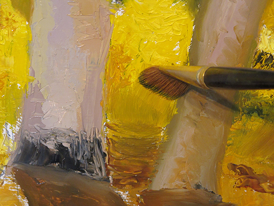 painting with palette knives in oil on panel, detail.