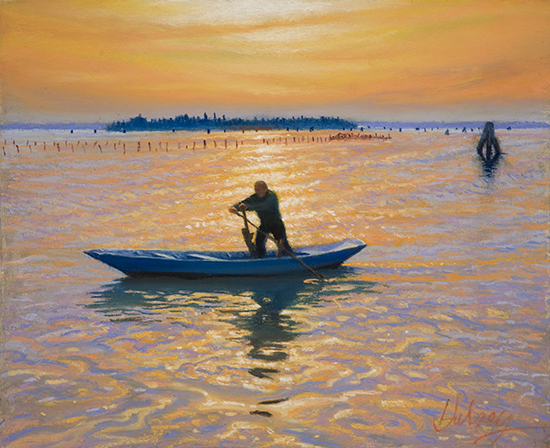 pastel painting of rower in venice by john hulsey