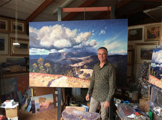 Warwick Fuller with his oil painting Into the Mystic 1.5 x 2.2 m, © Warwick Fuller