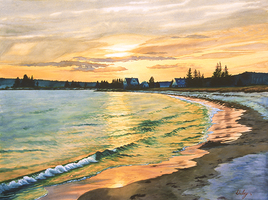 watercolor painting of seaside with sunset in Maine, by John Hulsey