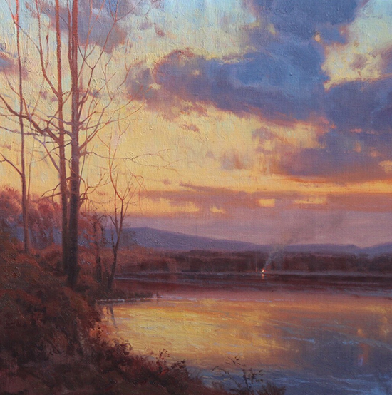 oil landscape painting of lake at dusk, Secluded Reverie, ©Michael Albrechtsen
