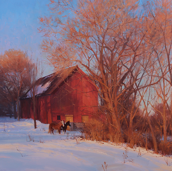 Oil painting of barn and horses in winter by Michael Albrechtsen