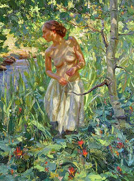 oil painting of woman in forest by Scott Burdick