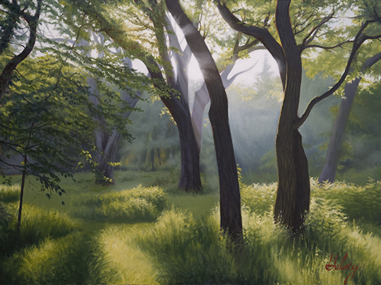 oil painting of sunlight, trees and meadow, by John Hulsey