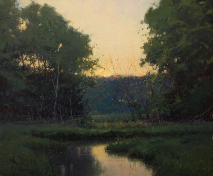 oil painting of meadow and stream at sunset, by Marc Hanson