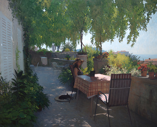 oil paintng of woman on terrace, by Marc Dalessio