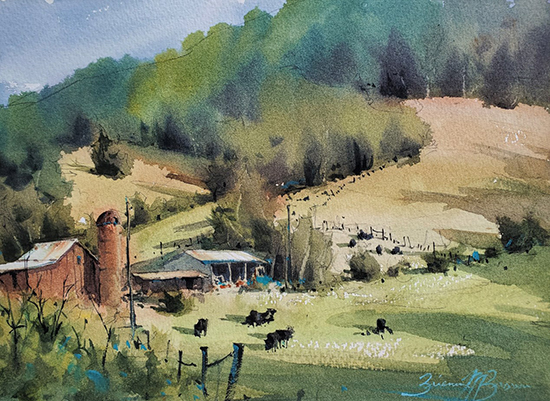 Hillside Farm, 9 x 12", WC, © Brienne Brown