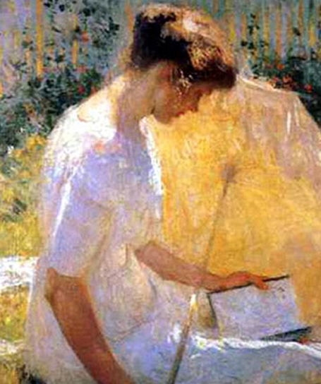 oil painting of a woman reading outside in the sun, by Frank Weston Benson
