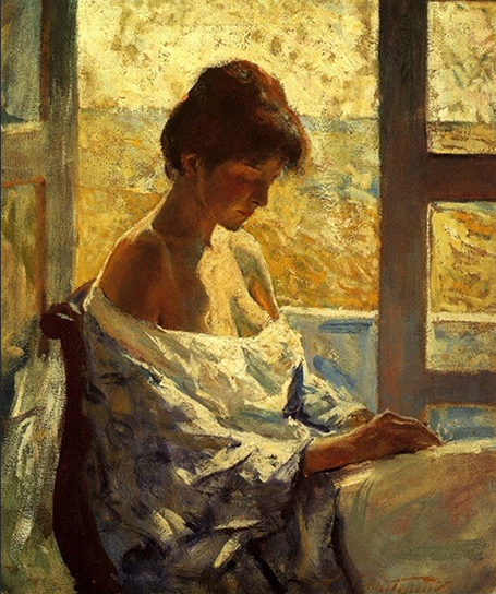 oil painting of a woman sewing in a window by Charles Hawthorne