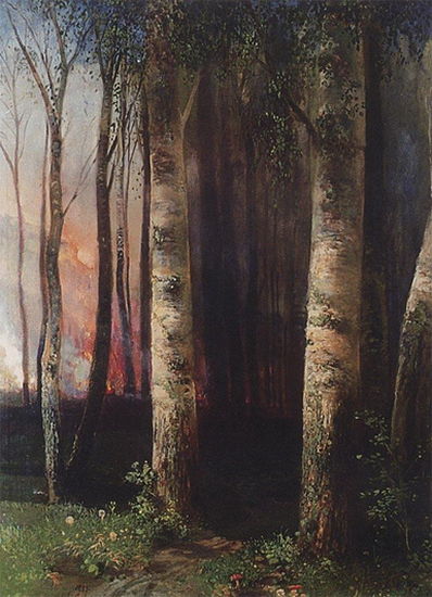 painting of fire in woods by Aleksey Savrasov